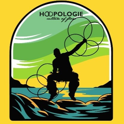 Silhouette of a multi-hoop flow artist sitting on rocks by the water — Hoopologie nature sticker. Hoopologie ambassador Eric Michael Hernandez.